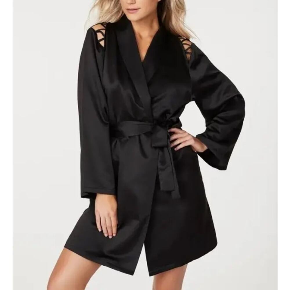 NEW Frederick's of Hollywood‎ Summer Lattice Lacing Robe Size S Black Satin NWT